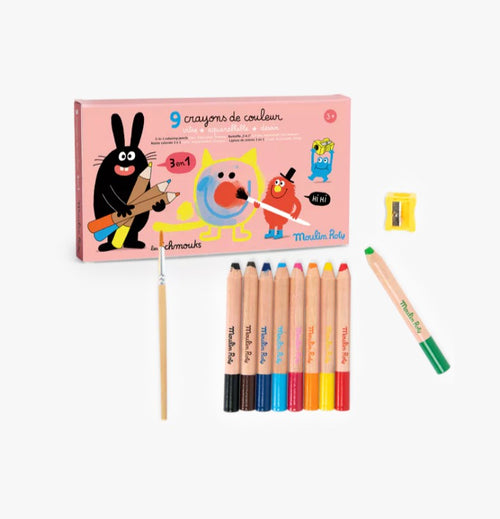 9 crayons de couleur- 3 en 1- Les schmouks