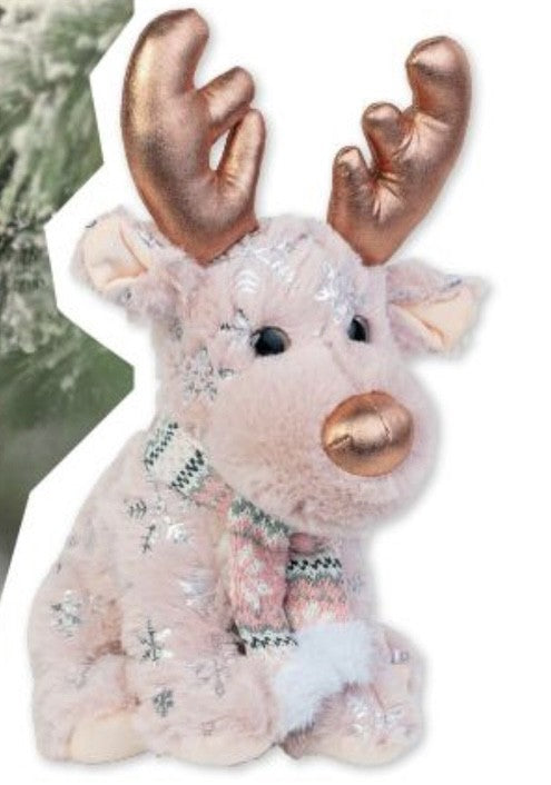 Peluche renne 26 cm rose avec flocons