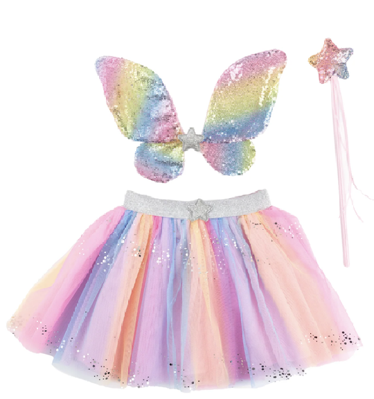 Déguisement - Ensemble Rainbow sequins jupe + ailes + baguette T 4/6 ans