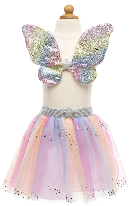 Déguisement - Ensemble Rainbow sequins jupe + ailes + baguette T 4/6 ans