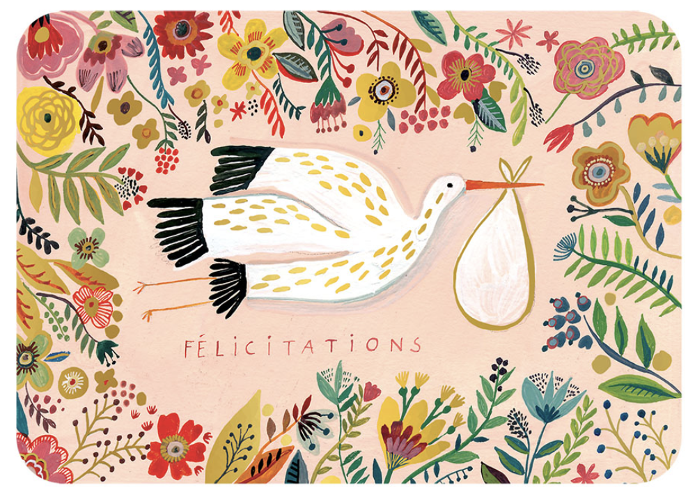 Carte - Félicitations cigogne rose