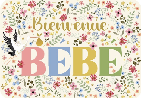 Carte - Bienvenue bébé cigogne et fleurs