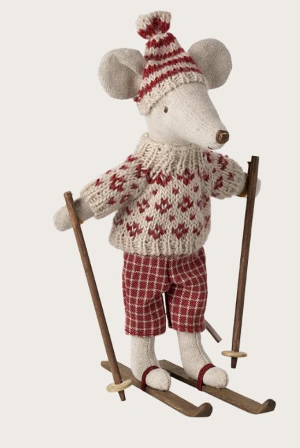 Souris en hiver et sa paire de skis, Maman - Rouge