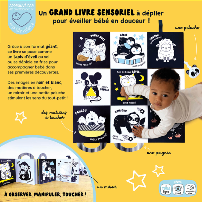 Livre d'éveil sensoriel à déplier - En noir et blanc
